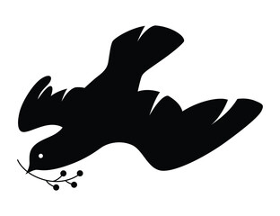 Dove silhouette icon. Black shape of pigeon. Vector flying dove with olive branch on white background