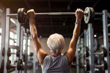 Naklejka premium Beautiful elderly people attending gym having healthy lifestyle way of life, modern indoors sports space, Generative AI