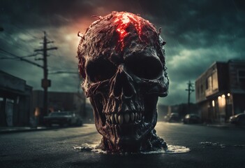 
severed head skinned in dark environment