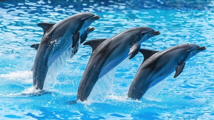 Obraz premium A group of playful dolphins performing tricks in a large aquarium pool