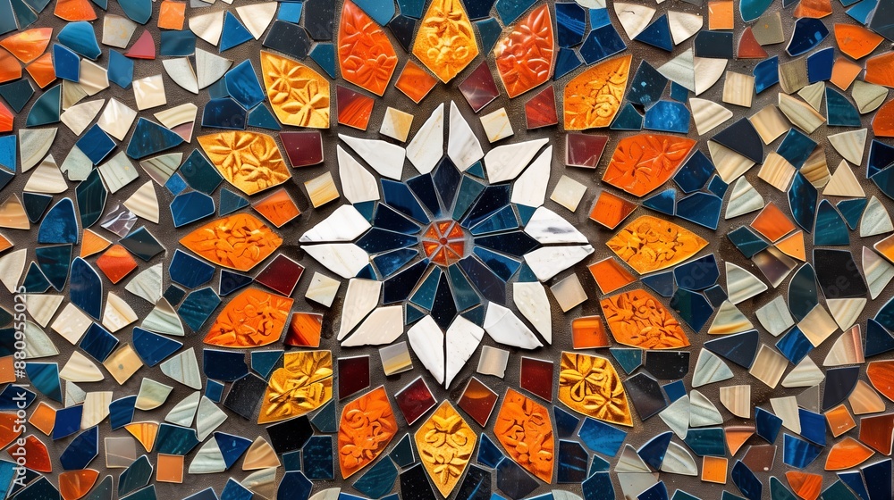 Poster mosaic tiles are arranged in vibrant patterns, creating intricate designs that captivate the viewer.