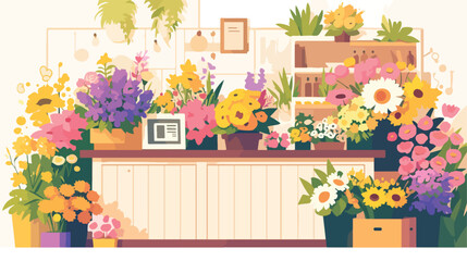 Background of flower shop. Counter with cash box 