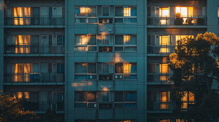 Windows of an apartment building in Tokyo illuminated by sunlight during the day, showcasing the city's architectural design and urban landscape.