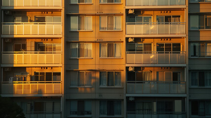 Obraz premium Windows of an apartment building in Tokyo illuminated by sunlight during the day, showcasing the city's architectural design and urban landscape.