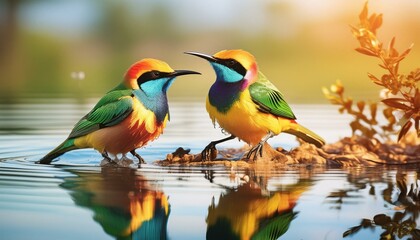 Obraz premium Entertainment and living areas of bee-eaters next to water in summer