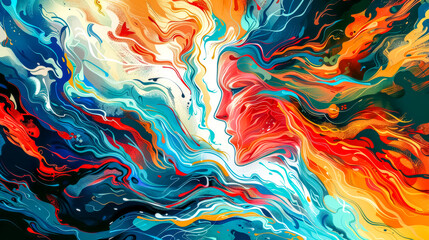 Abstract colorful wavy background forming two faces looking at each other