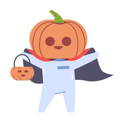 Funny pumpkin head character with cloak on isolated background. Halloween mascot flat vector illustration