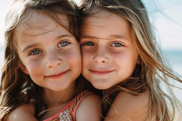 Funny children kids playing at the beach seaside poolside aquapark summer leisure weekend time, Generative AI