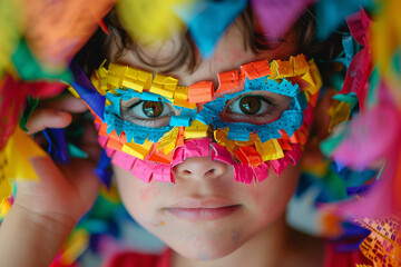 Obraz premium Spanish mexican traditional holiday with hitting colorful handmade pinata hanging toy, Generative AI