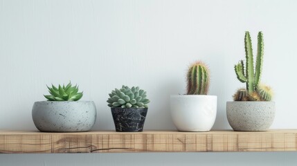 Cactus plants in contemporary concrete planters on wooden shelf against white wall Lovely painted pots
