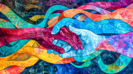 Colorful intertwined hands shaking in unity and teamwork