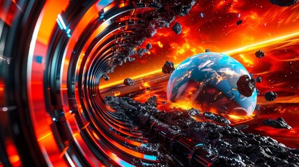 A fantastical space landscape showcasing a circular formation filled with various planets The planets exhibit intricate details and vibrant colors