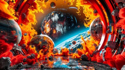 A fantastical space landscape showcasing a circular formation filled with various planets The planets exhibit intricate details and vibrant colors
