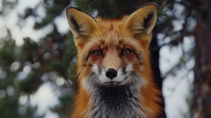 Fototapeta premium Close up portrait of a red fox with pine trees in the background making eye contact