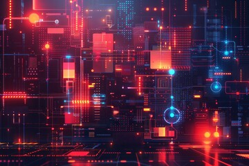 Abstract flat design illustration of a technology-inspired background. The scene includes 3D geometric shapes, data streams, and a gradient color palette. The combination of these elements creates a