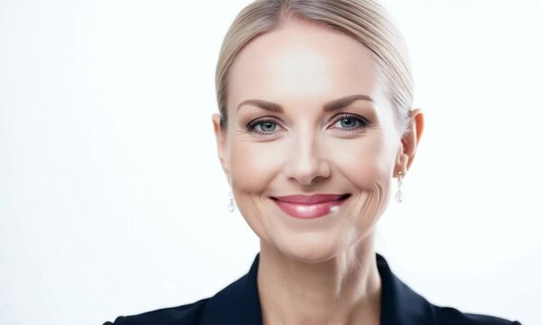 Studio portrait of a businesswoman with gathered hair and diamond earrings, wearing a navy blue jacket, slightly smiling