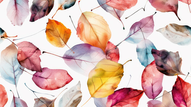 Colorful watercolor autumn leaves seamless pattern on white background - Powered by Adobe