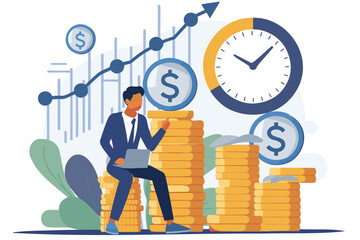 Businessman Navigating Financial Success: Time, Money, and Growth Visualization