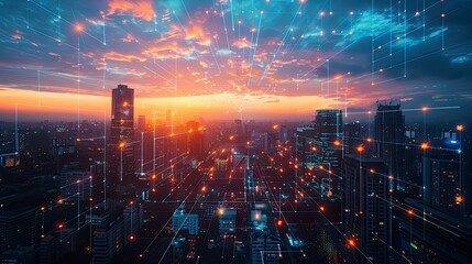 Fototapeta premium A city skyline at dusk with illuminated buildings showcasing advanced urban data management systems