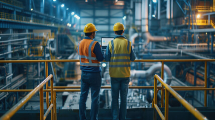 Fototapeta premium Two multiethnic engineers stand on a platform using a laptop at an electronics factory, monitoring machine maintenance progress via online software.