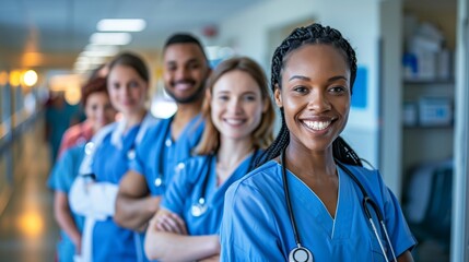 Fototapeta premium A smiling group of doctors nurses and other medical professionals in uniforms stand together in a brightly lit hospital hallway