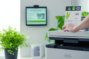 Close-up of a person's hand placing a document with green eco-friendly symbols into a modern printer. Concept of sustainable printing practices in an eco-friendly office.