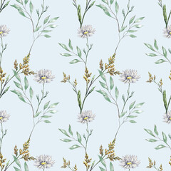 Wild field flowers watercolor pattern. Cute floral seamless texture with chamomile, background. Meadow plants