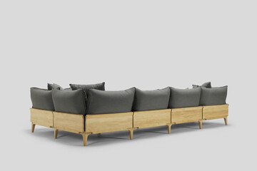 sofa couch settee chesterfield grey colors with chaise longe isolated on white background with shadow reflection. Corner settee sofa with pillows on wooden legs on grey backdrop. Clipping path.