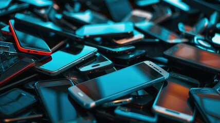 Obraz premium Multiple mobile phones are stacked on a table against a backdrop showcasing various types and models of smartphones, illustrating concepts related to technology, advertising, sales, or marketing.