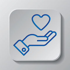 Hand and heart, help and care simple icon vector. Flat design. Paper cut design. Cutted blue symbol with shadow. Gray badge button, gray background