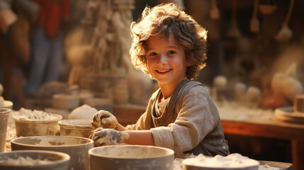 generated illustration creative child working on pottery wheel. Kids arts and crafts class in workshop