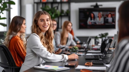 A salesperson hosting a webinar or online training session for remote clients.