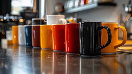 Professional Photography of a variety of coffee mugs lined up on a countertop during a mid-morning coffee break showcasing the diverse