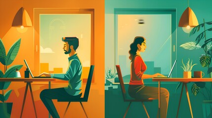 Man and Woman Working on Laptops in Opposite Rooms