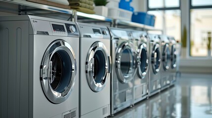 High-efficiency laundry system using water recycling technology with digital control panel set in a high-tech utility room Cool Tones Digital Art