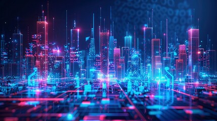 Obraz premium Futuristic city skyline with holographic projections illustrating urban development plans