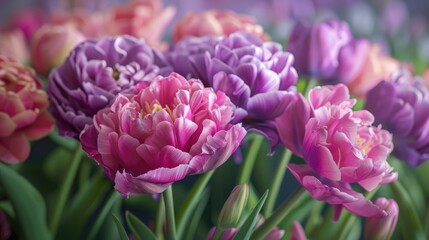 Obraz premium Pink and purple tulips Double peony tulips isolated Colorful flowers for holidays Celebrating mothers and women Welcoming Spring Double late tulips