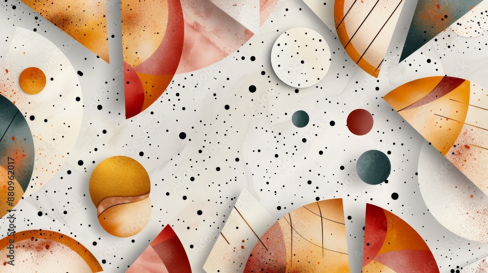 Poster abstract geometric shapes and patterns with vibrant orange, red, and white tones creating a dynamic 