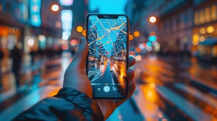 Close-up of a smartphone displaying augmented reality data overlays for urban navigation