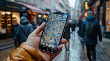 Close-up of a smartphone displaying augmented reality data overlays for urban navigation