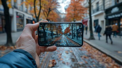 Close-up of a smartphone displaying augmented reality data overlays for urban navigation