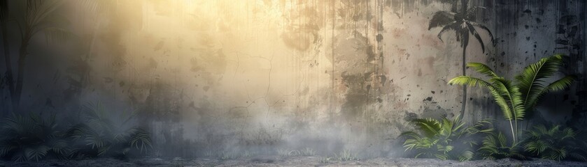Sunlight rays penetrate foggy atmosphere illuminating green plants against old concrete wall creating a mysterious serene scene.
