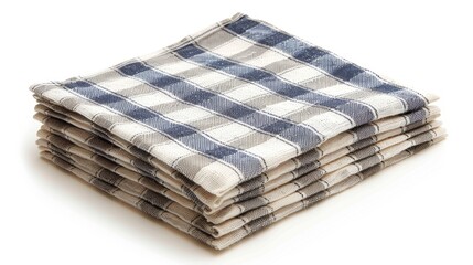 A neat stack of white and blue checkered cloth napkins isolated on a clean white background