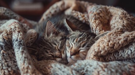 Obraz premium Two cute domesticated cats sleeping together, nestled on a cozy blanket in a warm living room, peaceful and heartwarming atmosphere