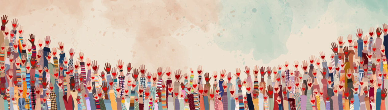 Banner whit raised hands of multicultural volunteer people holding a heart. Charity and solidarity donation. Community of volunteers. Voluntary concept. NGO. Aid. Volunteerism