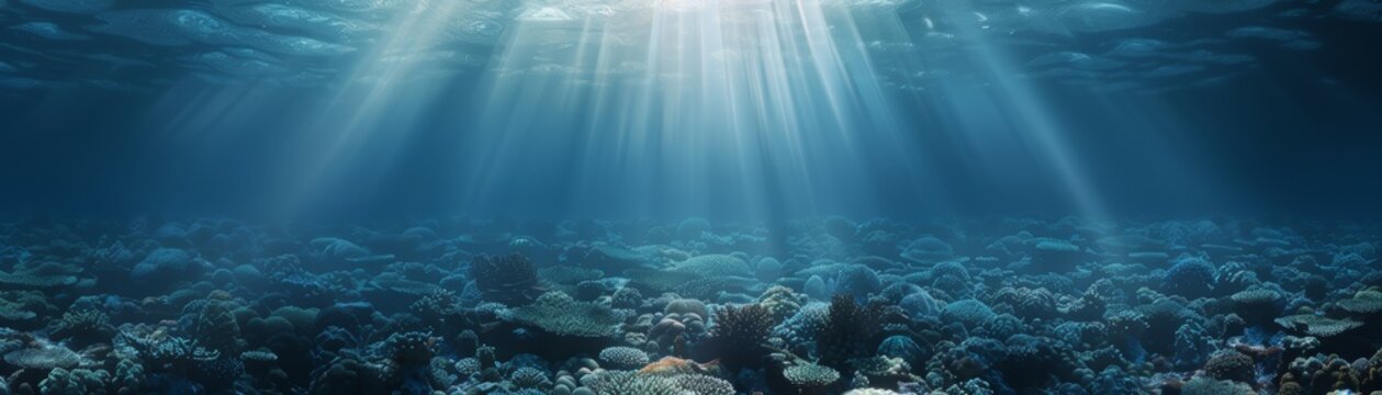 Sunlight beams penetrate clear blue ocean water, illuminating the rocky seabed and creating a serene underwater landscape.