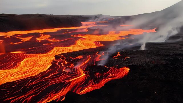 The intense heat radiating from the lava causing the ground to shimmer and distort in the heat waves.