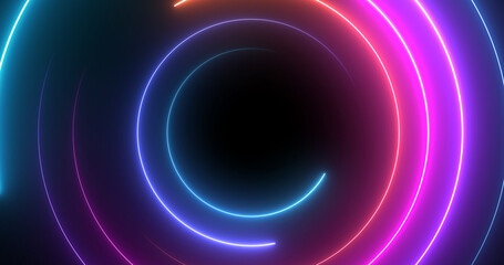 Neon circles moving rotating seamless loop. Hi technology abstract nightclub connection retro style bg. Futuristic creative shiny neon glowing dance stage club backdrop. VJ loop stream starting.
