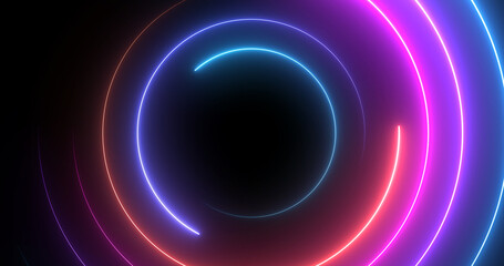 Neon circles moving rotating seamless loop. Hi technology abstract nightclub connection retro style bg. Futuristic creative shiny neon glowing dance stage club backdrop. VJ loop stream starting.