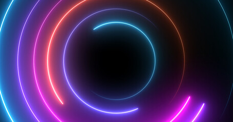 Neon circles moving rotating seamless loop. Hi technology abstract nightclub connection retro style bg. Futuristic creative shiny neon glowing dance stage club backdrop. VJ loop stream starting.
